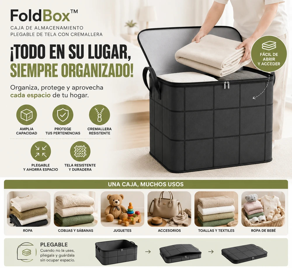 FoldBox| Caja de Almacenamiento Plegable de Tela con Cremallera